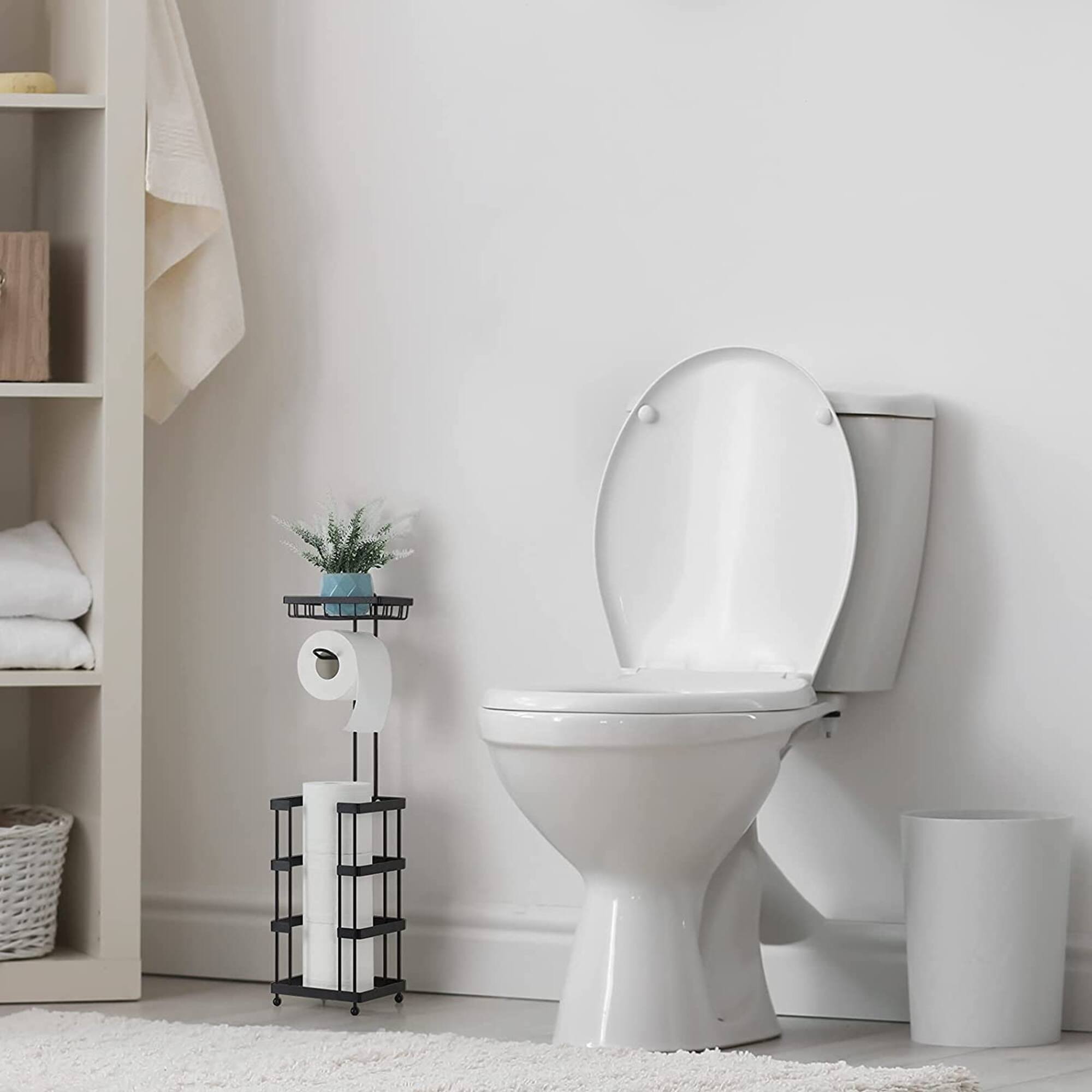 Black Freestanding Toilet Paper Holder with Basket
